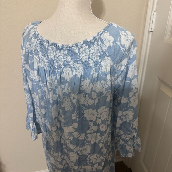 New Directions Womens Blue Floral Smocked Dress Ruffled Peasant sz L lyocell - Picture 4 of 8